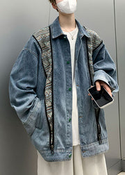 Loose Blue Button Pockets Patchwork Denim Men Coat Fall