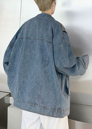 Loose Blue Button Pockets Patchwork Denim Men Coat Fall