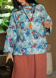 Loose Blue Button Print Patchwork Cotton Shirt Long Sleeve