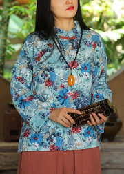 Loose Blue Button Print Patchwork Cotton Shirt Long Sleeve