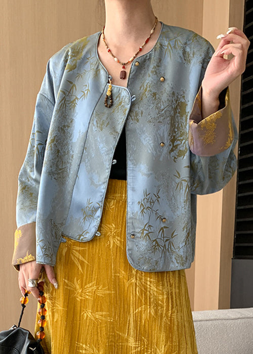 Loose Blue Button Print Silk Coats Long Sleeve