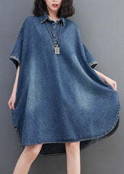 Loose Blue-sunflower Button Side Open Maxi Denim Dress Summer