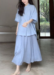 Loose Blue Button Solid Cotton Two Pieces Set Half Sleeve