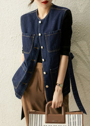 Loose Blue Button Tie Waist Pockets Denim Vest Sleeveless