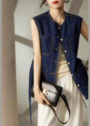 Loose Blue Button Tie Waist Pockets Denim Vest Sleeveless