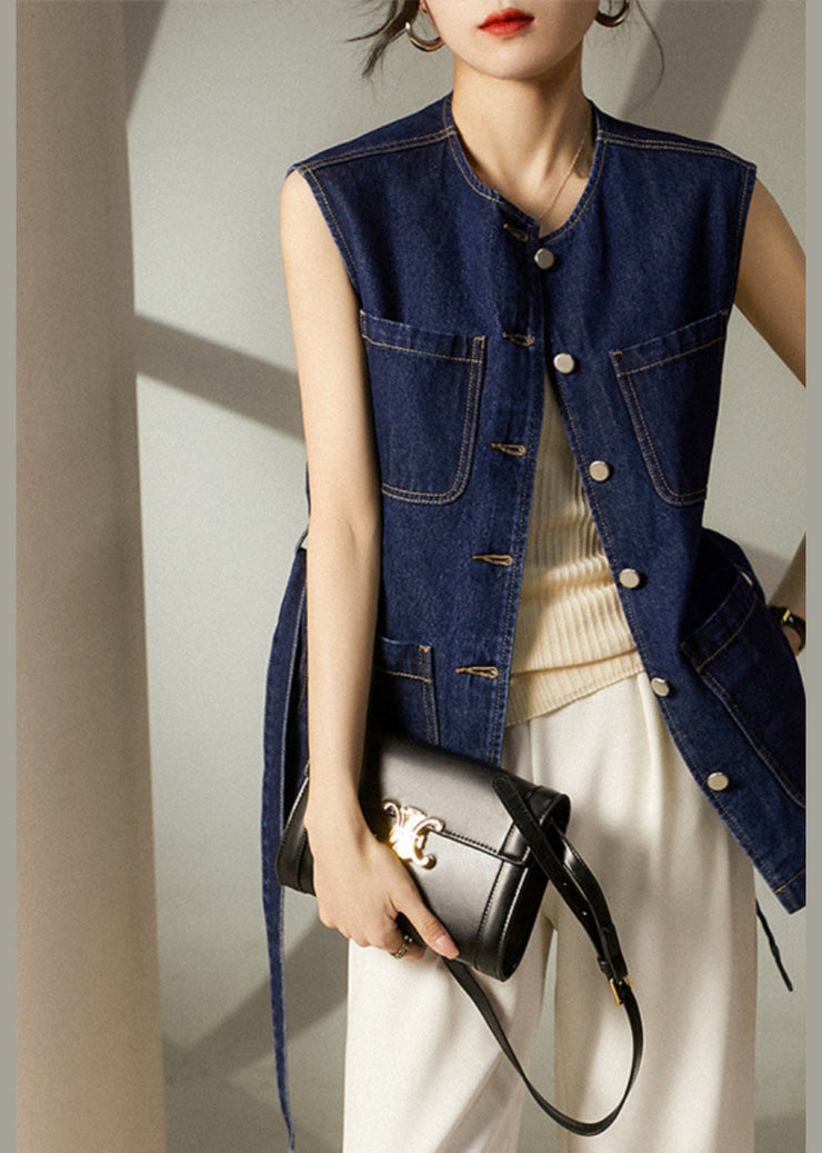 Loose Blue Button Tie Waist Pockets Denim Vest Sleeveless