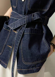 Loose Blue Button Tie Waist Pockets Denim Vest Sleeveless