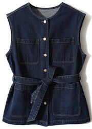 Loose Blue Button Tie Waist Pockets Denim Vest Sleeveless