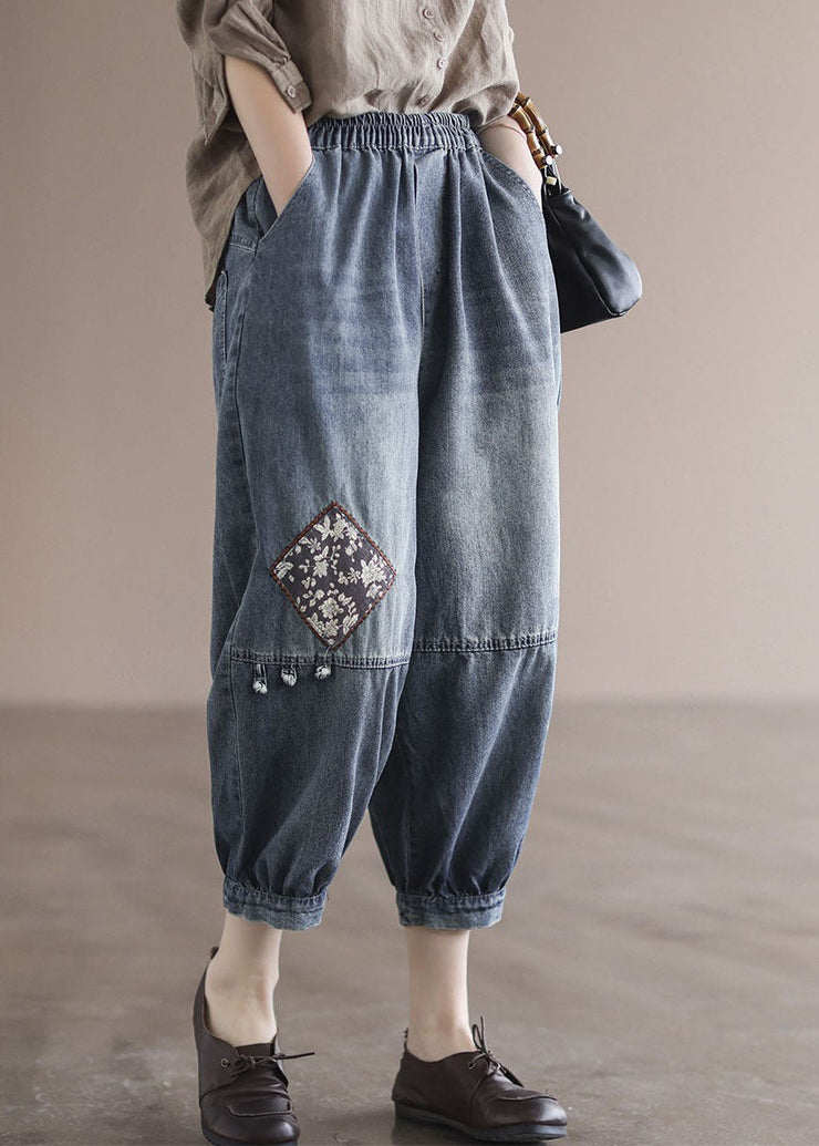 Loose Blue Elastic Waist Pockets Patchwork Applique Cotton Denim Crop Pants Summer