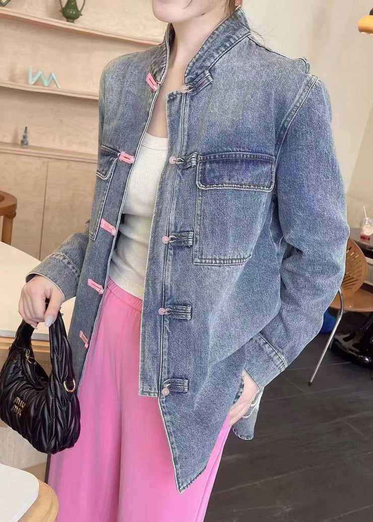 Loose Blue Embroidered Button Denim Coats Long Sleeve