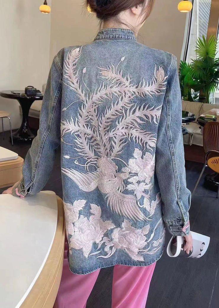 Loose Blue Embroidered Button Denim Coats Long Sleeve