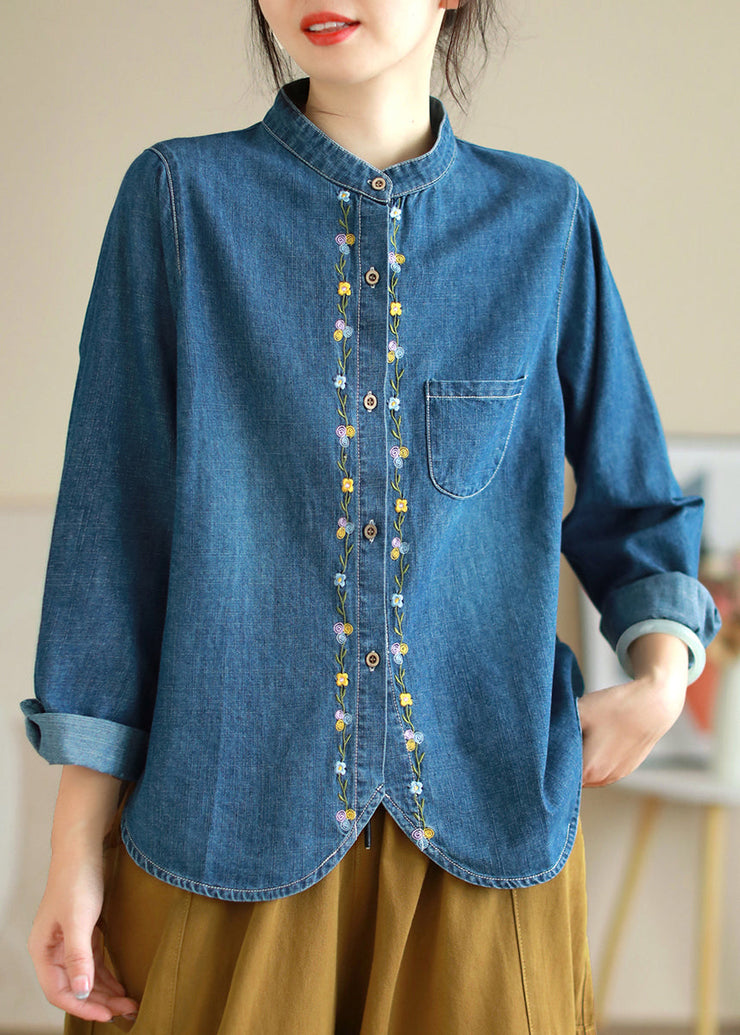 Loose Blue Embroidered Button Denim Shirts Long Sleeve