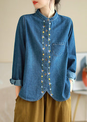 Loose Blue Embroidered Button Denim Shirts Long Sleeve