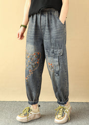 Loose Blue Embroidered Pockets Elastic Waist Denim Pants Spring