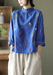 Loose Blue Embroideried Linen Shirt Long Sleeve