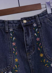 Loose Blue Embroideried Pockets Patchwork Denim Skirt Summer