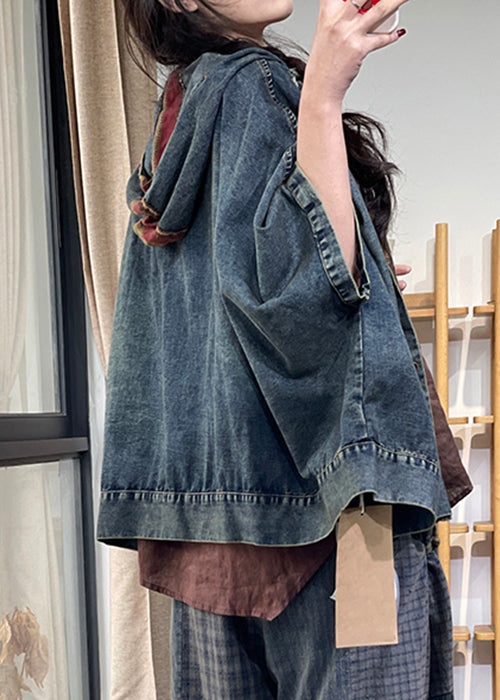 Loose Blue Hooded Button Denim Coats Half Sleeve