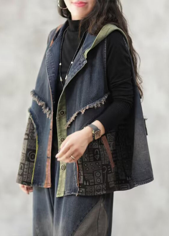 Loose Blue Hooded Button Patchwork Denim Waistcoat Sleeveless