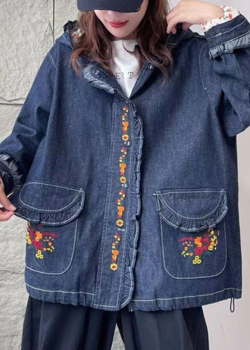 Loose Blue Hooded Embroidered Pockets Denim Coat Long Sleeve