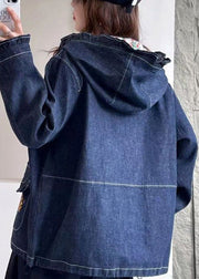 Loose Blue Hooded Embroideried Pockets Denim Coat Long Sleeve