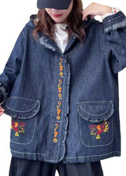 Loose Blue Hooded Embroideried Pockets Denim Coat Long Sleeve