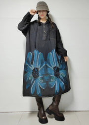 Loose Blue Hooded Print Denim Dress Long Sleeve