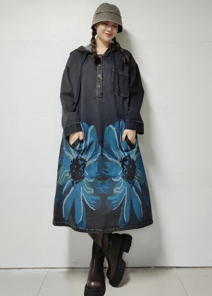 Loose Blue Hooded Print Denim Dress Long Sleeve