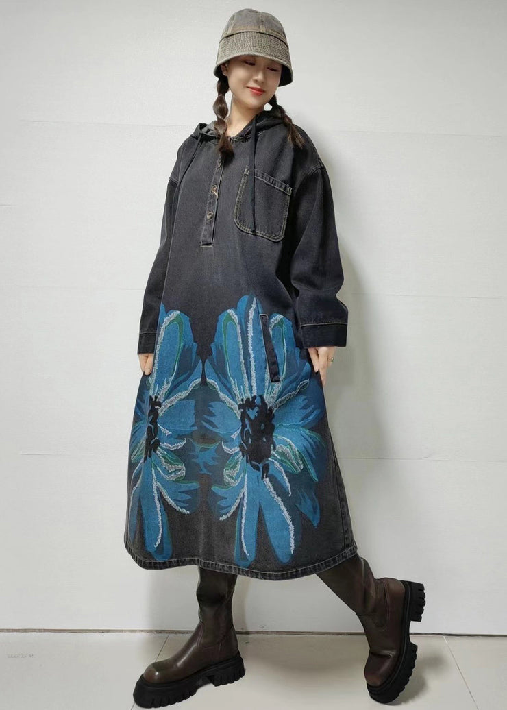 Loose Blue Hooded Print Denim Dress Long Sleeve