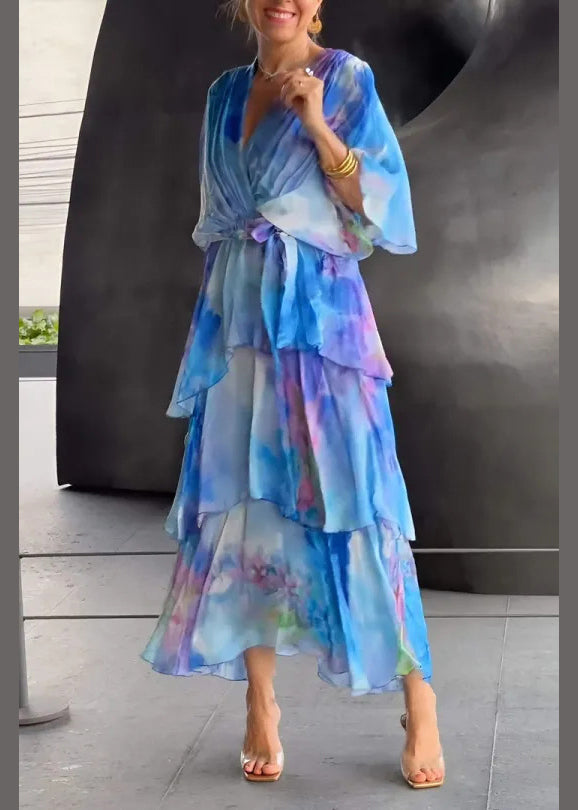 Loose Blue Layered Ruffled Print Chiffon Dress Butterfly Sleeve