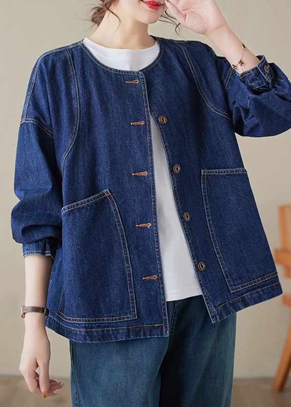 Loose Blue O-Neck Pockets Patchwork Denim Coats Long Sleeve