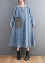 Loose Blue O Neck Pockets Patchwork Denim Dresses Fall