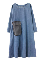 Loose Blue O Neck Pockets Patchwork Denim Dresses Fall