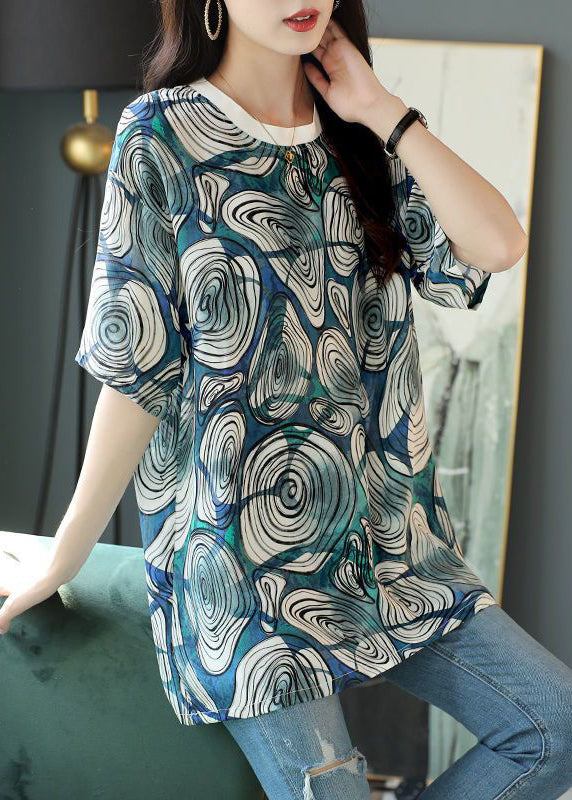 Loose Blue O Neck Print Cotton T Shirt Half Sleeve