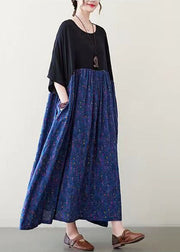 Loose Blue O-Neck Print Long Dress Short Sleeve