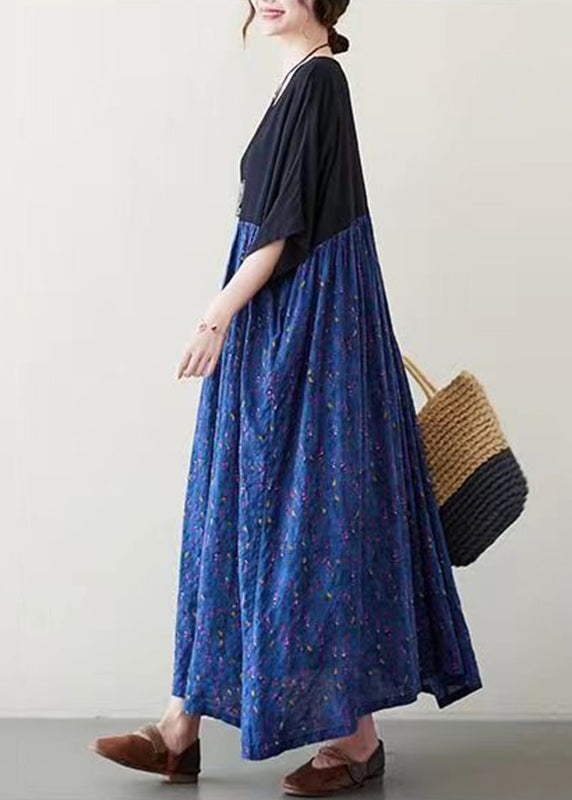 Loose Blue O-Neck Print Long Dress Short Sleeve