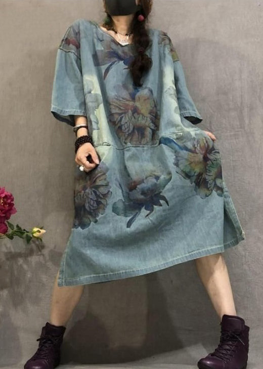 Loose Blue O Neck Print Side Open Denim Dress Summer