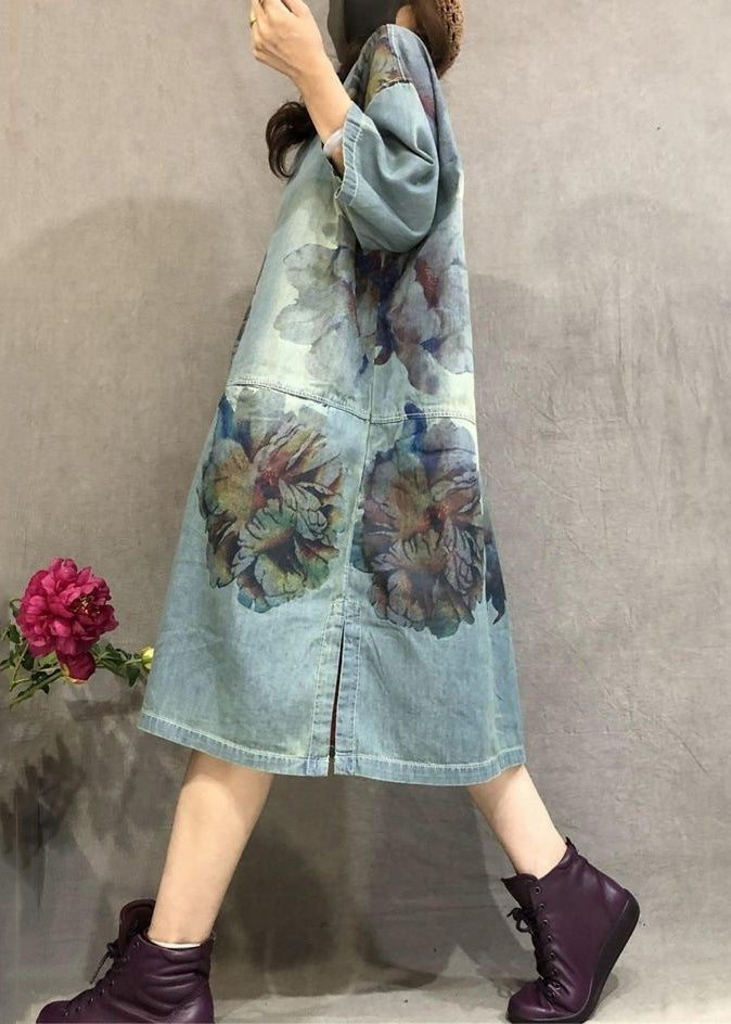 Loose Blue O Neck Print Side Open Denim Dress Summer