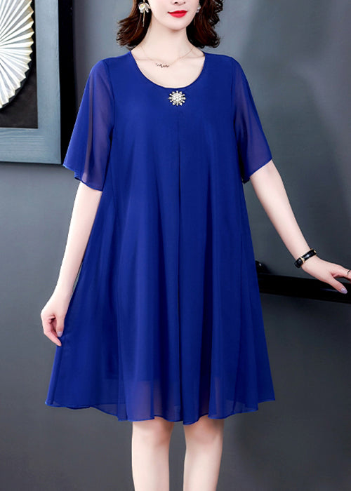 Loose Blue O Neck Solid Chiffon Dresses Summer