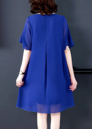 Loose Blue O Neck Solid Chiffon Dresses Summer