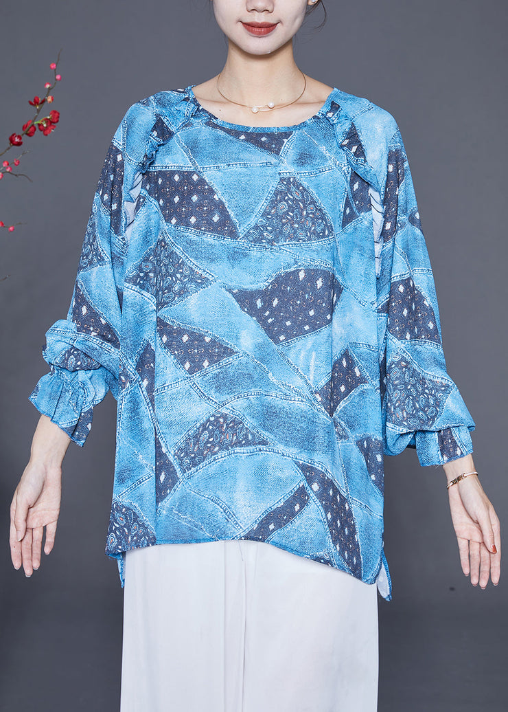 Loose Blue Oversized Tie Dye Silk Shirt Top Lantern Sleeve