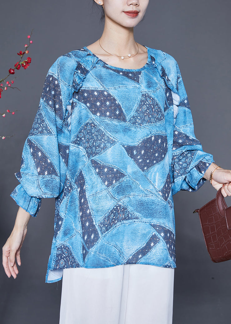 Loose Blue Oversized Tie Dye Silk Shirt Top Lantern Sleeve