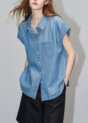 Loose Blue Peter Pan Collar Button Denim Shirt Short Sleeve