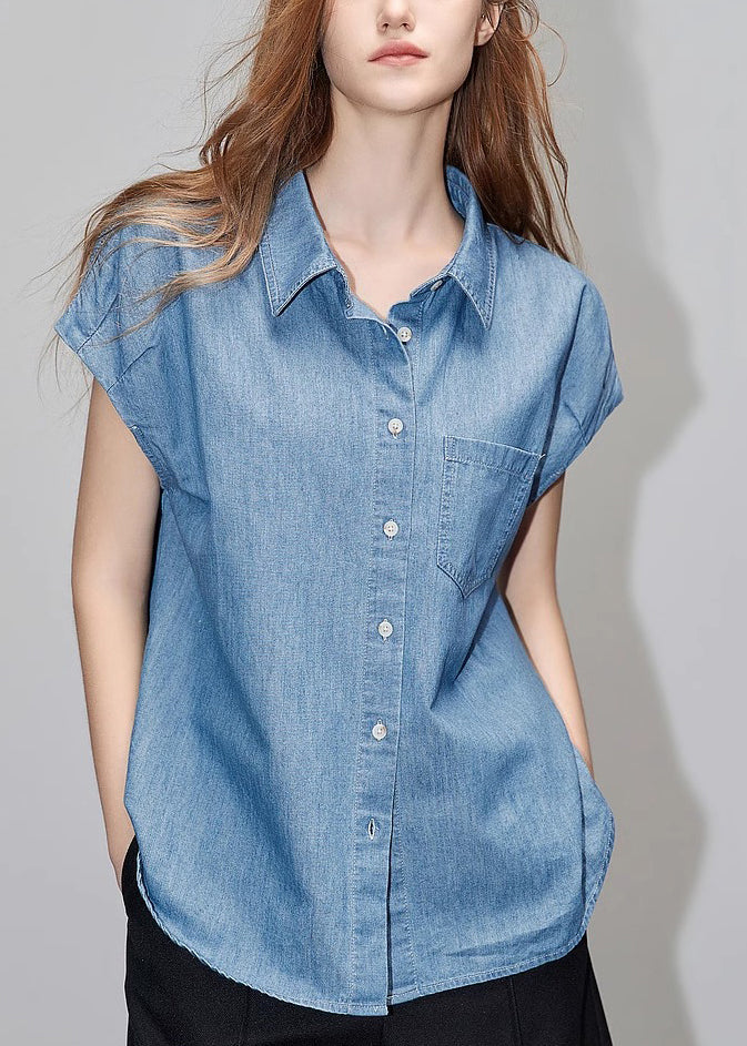 Loose Blue Peter Pan Collar Button Denim Shirt Short Sleeve