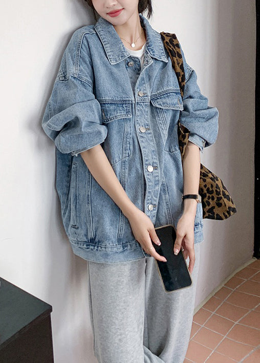 Loose Blue Peter Pan Collar Button Pockets Denim Coats Spring