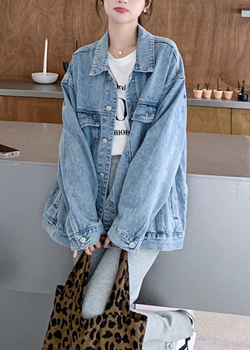 Loose Blue Peter Pan Collar Button Pockets Denim Coats Spring