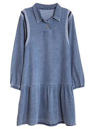 Loose Blue Peter Pan Collar Patchwork Denim Mid Dress Fall