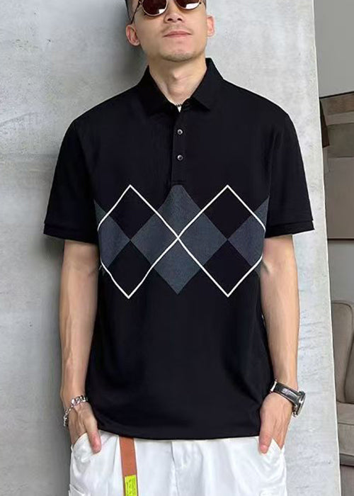 Loose Blue Peter Pan Collar Print Cotton Mens Polo Shirts Summer