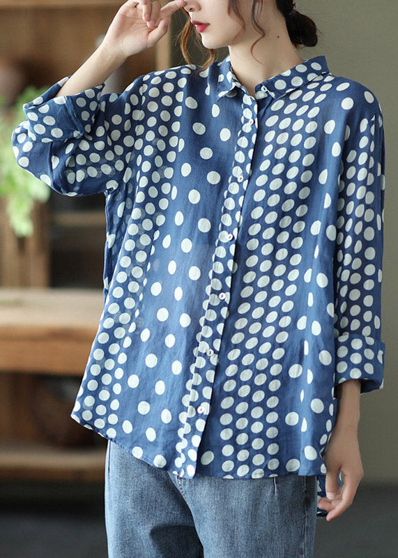 Loose Blue Peter Pan Collar Print Linen Shirt Long Sleeve