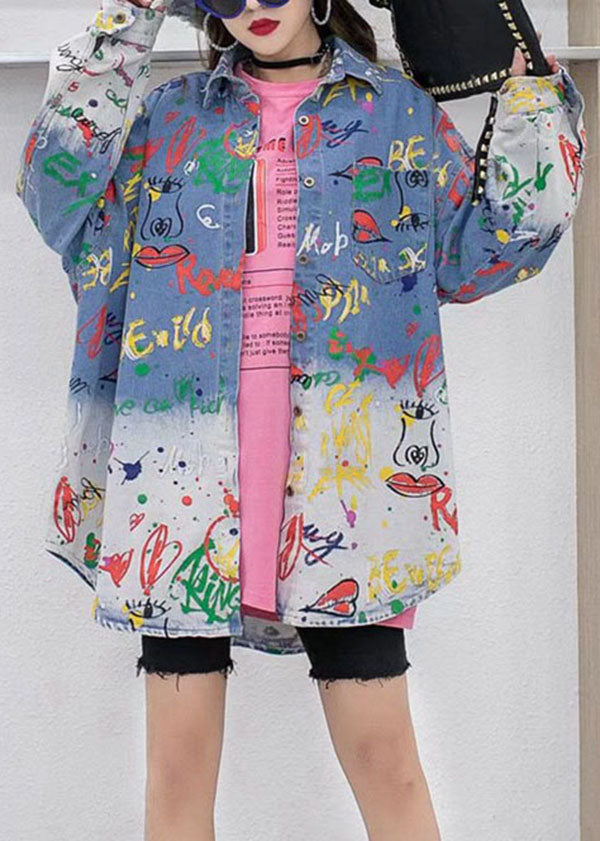 Loose Blue Peter Pan Collar Print Patchwork Denim Coat Long Sleeve