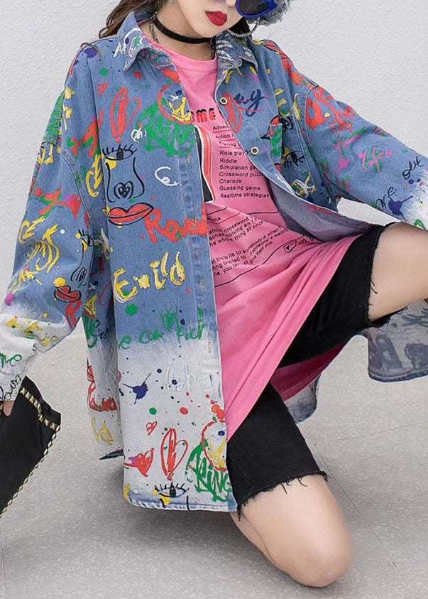 Loose Blue Peter Pan Collar Print Patchwork Denim Coat Long Sleeve